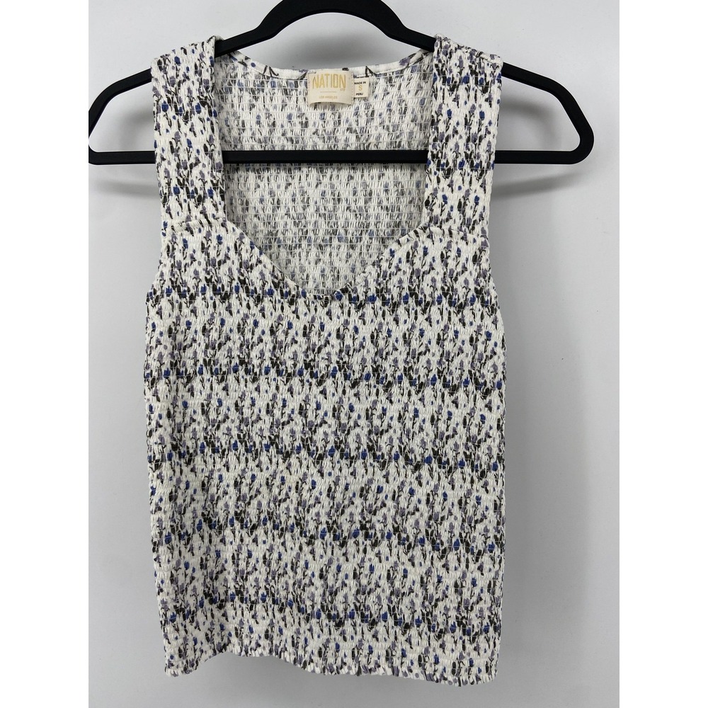 Nation LTD Top Womens Small Floral Smocked Pima Cotton Scoop Neck Tank Stretch